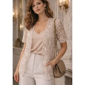 VTG Orlando Rossi Coastal Beaded Embroidered Pearl Lace Open Front Sheer Top 8